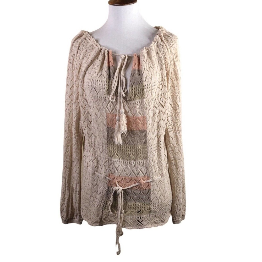 DiCosta Vintage Sweater Beige Peach Knit Drawstring Waist 70s Boho Size 14
